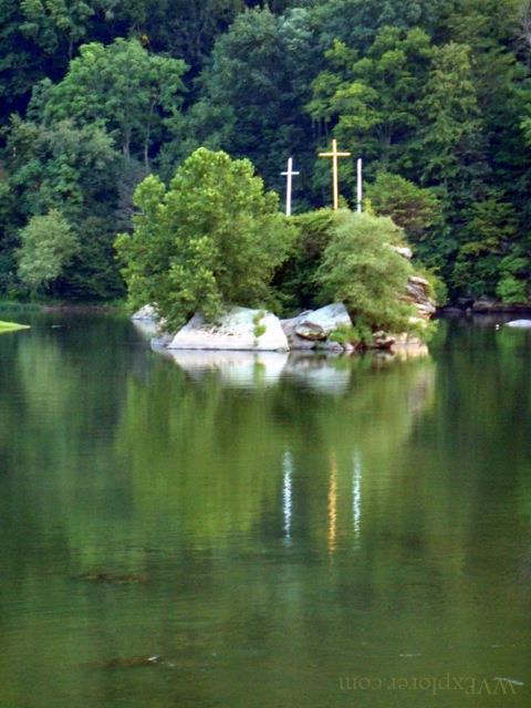 Crosses on island at Gauley Bridge, WV, Kanawha River, Fayette County, New River Gorge Region