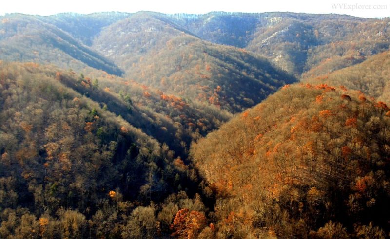 Autumn snow along New River at Brooks, WV, Summers County, New River Gorge Region