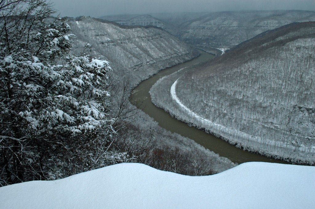 Snow on New River at Grandview, New River Gorge National Park and Preserve, New River Gorge Region