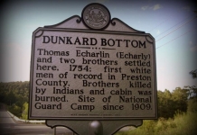 A historic marker along the Cheat River recalls the settlement of Dunkards in the mid-1700s.