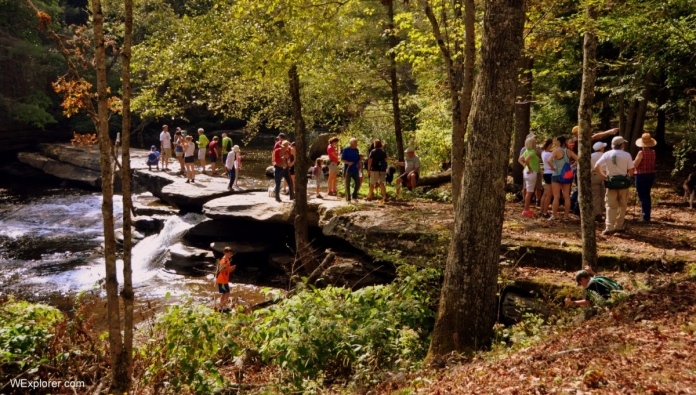 Hikers on falls at Beckley Mill Hikers visit falls at Beckley Mill, Beckley, Raleigh County