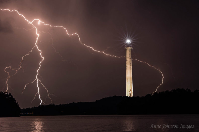 Lightning seems to wrap around lighthouse at Summersville Lake. Photo courtesy Anne Johnson.