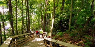 A boardwalk leads visitors from the Canyon Rim Visitor Center to views of the New River Gorge Bridge.