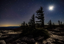 The moon burns brilliantly in the cold darkness above Dolly Sods