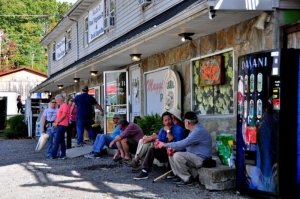 Bridge Day visitors gather outside Maggie's Pub.