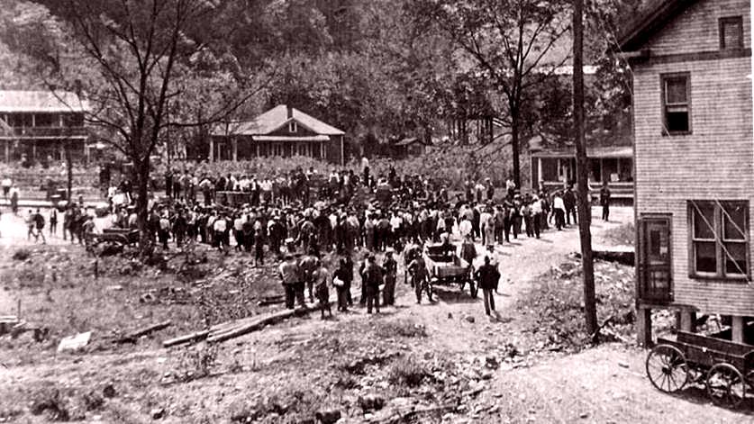Miners gather at a coal mining camp after a surrender at Blair Mountain, now on the National Register of Historic Places. Photo courtesy W.Va. Archives
