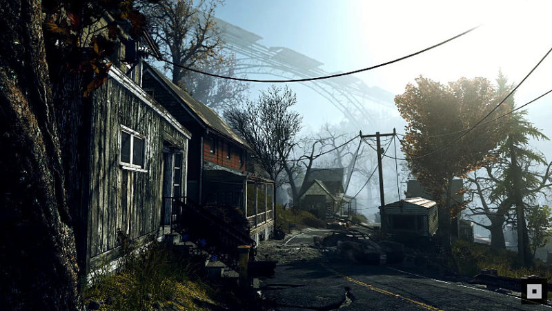 A screenshot from the new game Fallout 76 appears to show a ruined New River Gorge in the background.