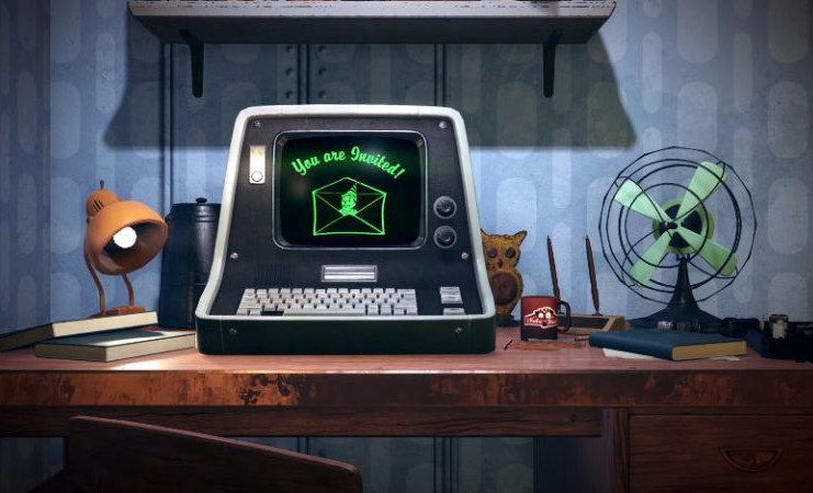 A desk featured in Fallout 76 includes a console reminiscent of the '70s and an early 20th-century fan.