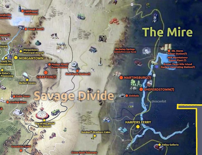 The Mire in the new Fallout 76 game appears to include West Virginia's panhandle region east of the "Savage Divide."