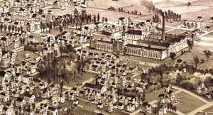 Detail from vintage illustration of Moundsville showing the state penitentiary.