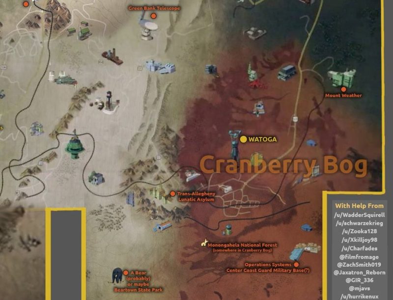 The Fallout 76 map of Cranberry Bog appears to be located in southeastern West Virginia.