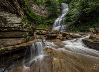 Cathedral Falls drops over sandstone ledges on its descent to the New River near Gauley Bridge, West Virginia.