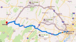 Google Map showing directions from the the Canaan Valley area at Davis to Washington, D.C.