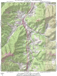 Topographic map of Pax, West Virginia, and surrounding Paint Creek Valley.