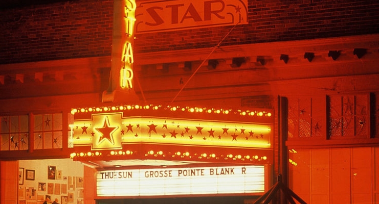 The marquee over the Star Theater in Berkeley Springs, West Virginia, glows in the Potomac night.