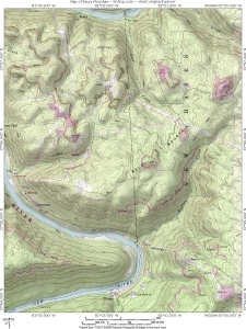 Beury Mountain rises into the upland east of the valley of the New River near Thurmond, West Virginia (WV).