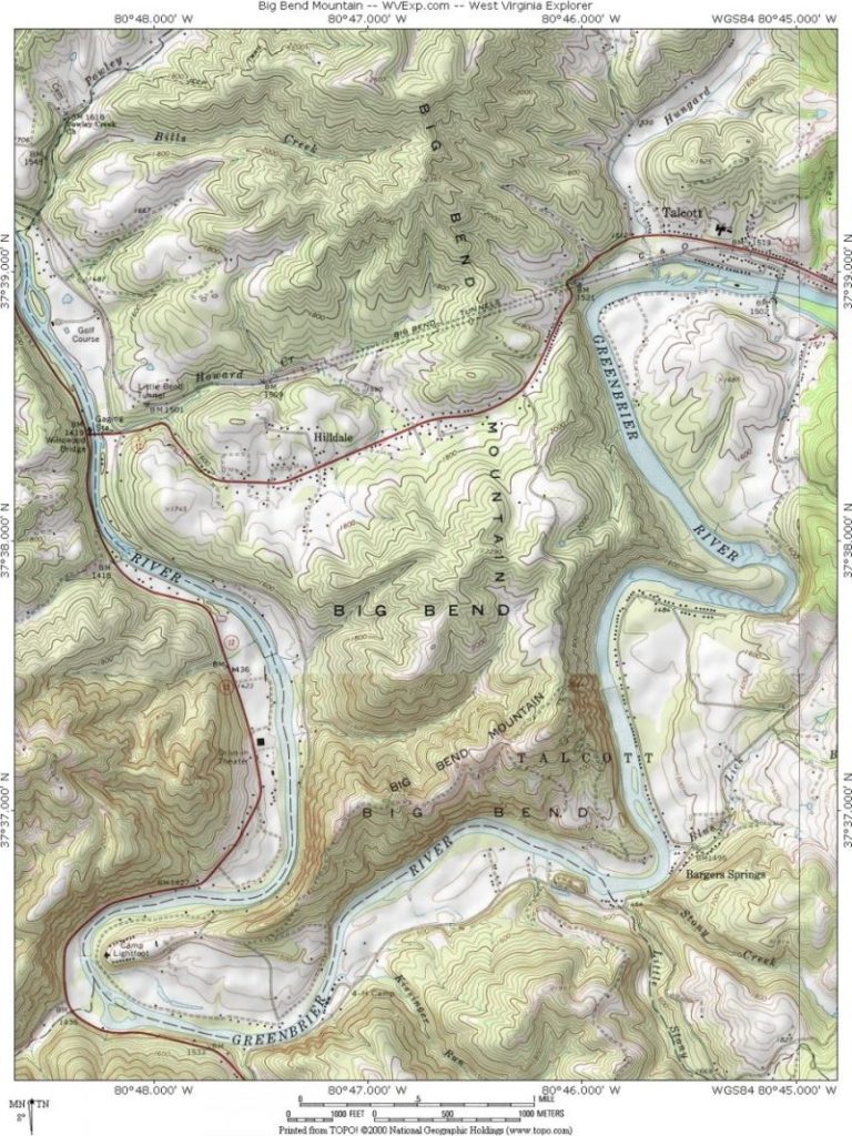 The Greenbrier River bends southward along the base of Big Bend Mountain.