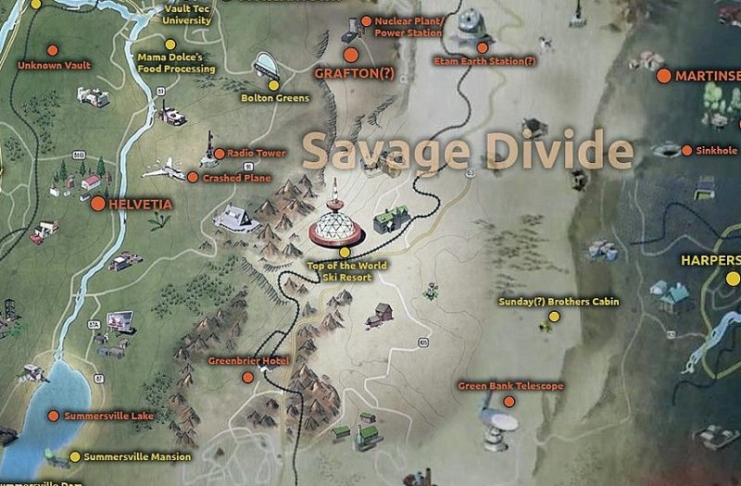 Highlights from a Fallout 76 map of the Savage Divide pay homage to the Allegheny Mountain region.