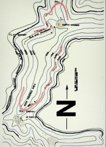 Map showing locations of prehistoric windrows on other locales atop Armstrong Mountain. Mapping by Glenn A. White.