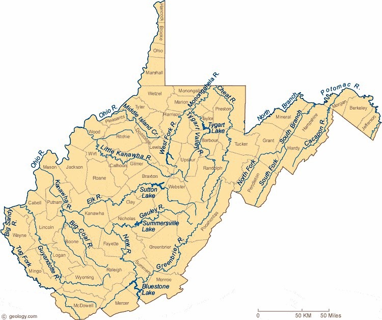 West Virginia's principal rivers are included in this map provided courtesy of Geology.com