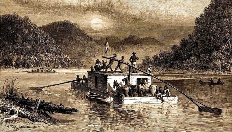A band of boatman row along the Ohio River.