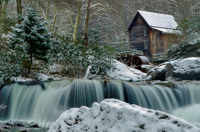Babcock Mill in Winter Glade Creek wanders through a snowy hollow at Babcock State Park. Photo courtesy Rick Burgess.