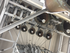 Massive bells hang inside the bell tower at Concord University,