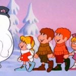 Frosty the Snowman leads children in the 1969 animated Christmas television special. (Photo still courtesy Rankin/Bass Productions)