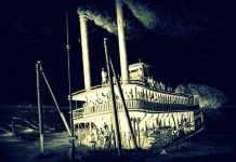 Artist's conception of wreck of steamboat Rebecca at Parkersburg in 1869.