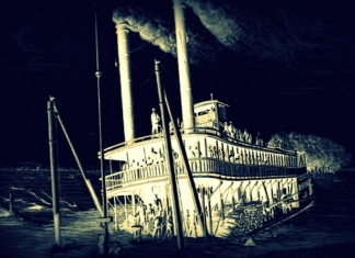 Artist's conception of wreck of steamboat Rebecca at Parkersburg in 1869.