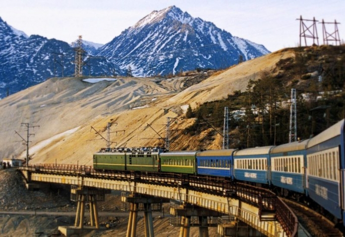 The Trans-Siberian wanders through a mountain landscape The Trans-Siberian wanders through a mountain landscape