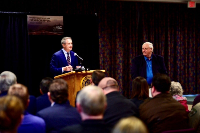 Governor Justice announces Pipestem park expansion Division of Natural Resources Director Stephen McDaniel and Gov. Jim Justice announce an $11 million investment in new outdoors adventures coming to Pipestem Resort State Park in 2019.