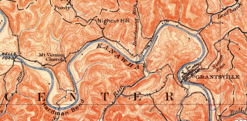 A 1907 map shows Grantsville, West Virginia (WV), and the valley of the Little Kanawha River downstream.