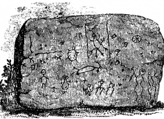 Images of beasts and men decorate a boulder at the Half-Moon archaeological site, now submerged beneath the Ohio River.