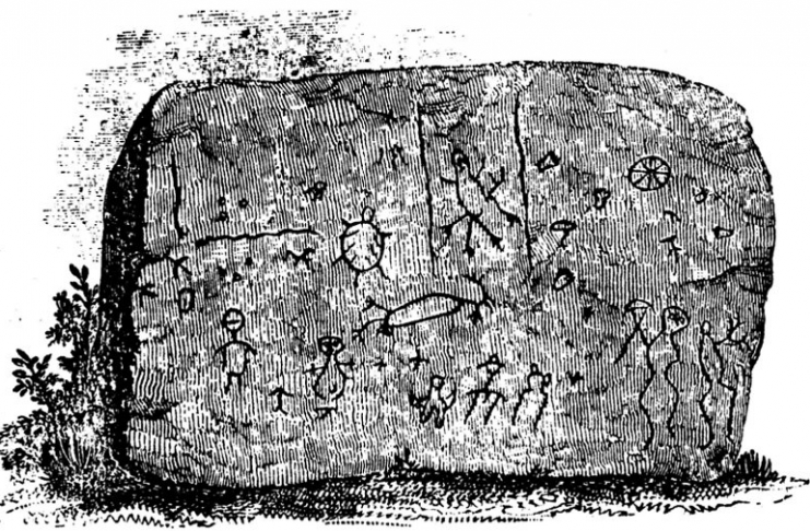 Images of beasts and men decorate a boulder at the Half-Moon archaeological site, now submerged beneath the Ohio River.
