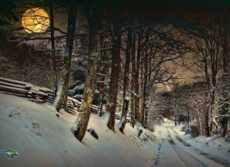 A snow moon rises along a country road in West Virginia. Photo courtesy Chuck Reed of Emerging Aire PhotoGrafix.
