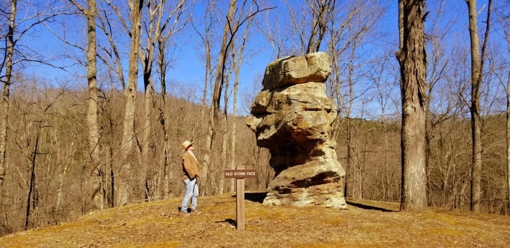 David Sibray visits with "Old Stone Face" at North Bend State Park in Ritchie County near Harrisville, West Virginia.