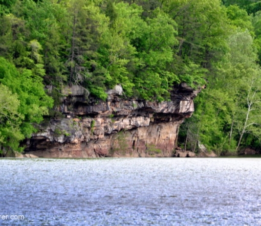 Site of Van Bibber's Leap, Van Bibber's Rock rises above the Kanawha River below Kanawha Falls.