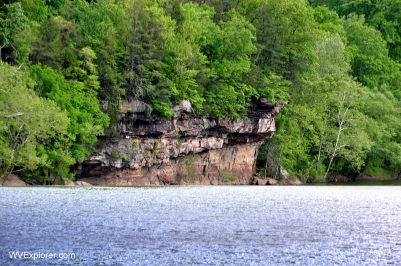 Site of Van Bibber's Leap, Van Bibber's Rock rises above the Kanawha River below Kanawha Falls.