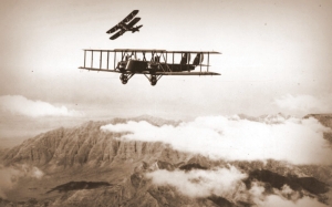 Martin MB-2 in flight with a pursuit aircraft practicing an attack. (U.S. Air Force photo)