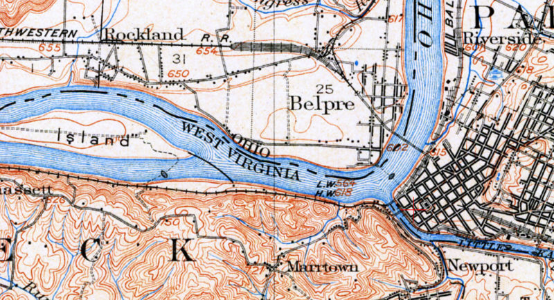1910 topo map showing Graveyard of the Ohio below Parkersburg, West Virginia.