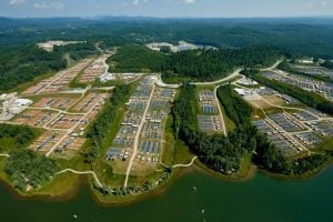 Basecamps Charlie (blue tents) and Delta (orange) extend across the James C. Justice National Scout Camp at the Bechtel Summit Reserve during the Jamboree. (Photo Gary Hartley)