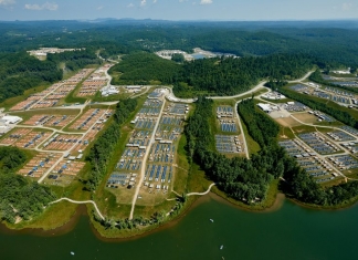 Basecamps Charlie (blue tents) and Delta (orange) extend across the James C. Justice National Scout Camp at the Bechtel Summit Reserve. (Photo Gary Hartley)