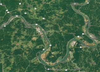 The Ohio River wanders uncharacteristically through a series of bends along the western edge of West Virginia.