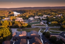 The summer sun sets over the campus of Shepherd University at Shepherdstown, West Virginia.