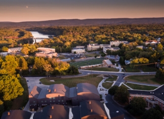 The summer sun sets over the campus of Shepherd University at Shepherdstown, West Virginia.