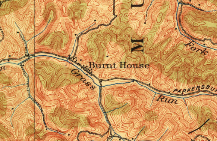 Burnt House, WV, appears along Grass Run, a tributary of the South Fork of the Hughes River, in a 1906 Topographic Map.