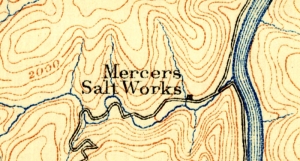 An early topographic map shows Mercer's Salt works on Lick Creek, then in Mercer County, West Virginia.