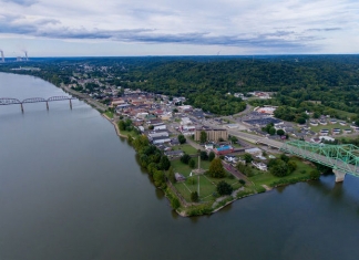 The community of Point Pleasant extends into the distance from the junction of the Ohio (left) and Kanawha (right) rivers.