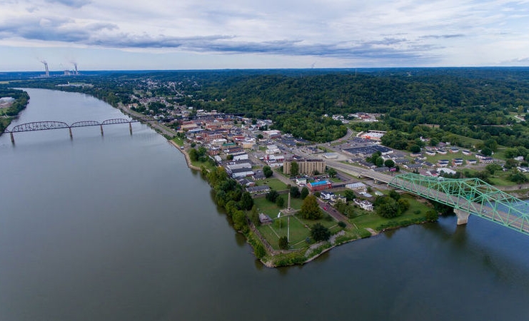 The community of Point Pleasant extends into the distance from the junction of the Ohio (left) and Kanawha (right) rivers.